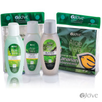 eJove - Aloe Vera Bolsa Set Champu + Acondicionador Capilar + Gel de Ducha 3x50ml Reiseset hergestellt auf Gran Canaria